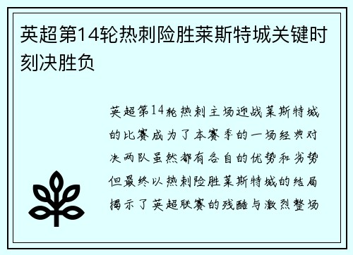 英超第14轮热刺险胜莱斯特城关键时刻决胜负