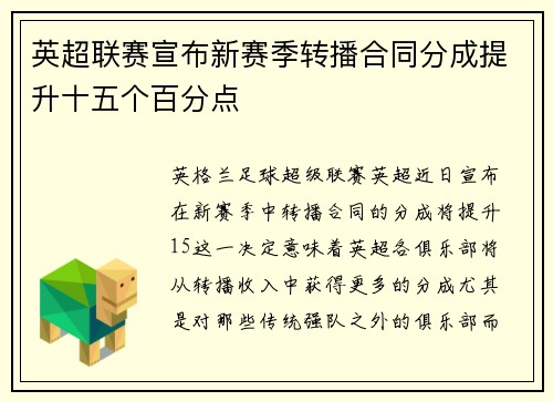 英超联赛宣布新赛季转播合同分成提升十五个百分点 英超联赛宣布新赛季转播合同分成提升十五个百分点