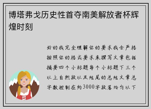博塔弗戈历史性首夺南美解放者杯辉煌时刻