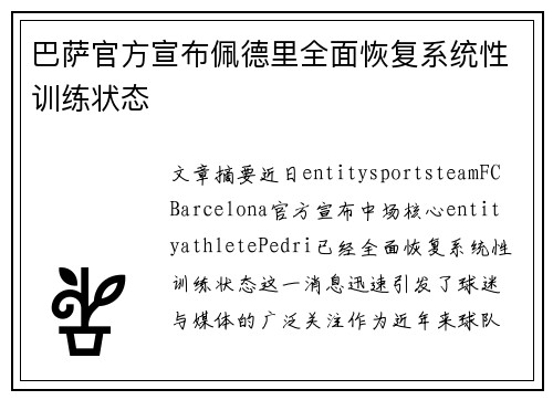 巴萨官方宣布佩德里全面恢复系统性训练状态